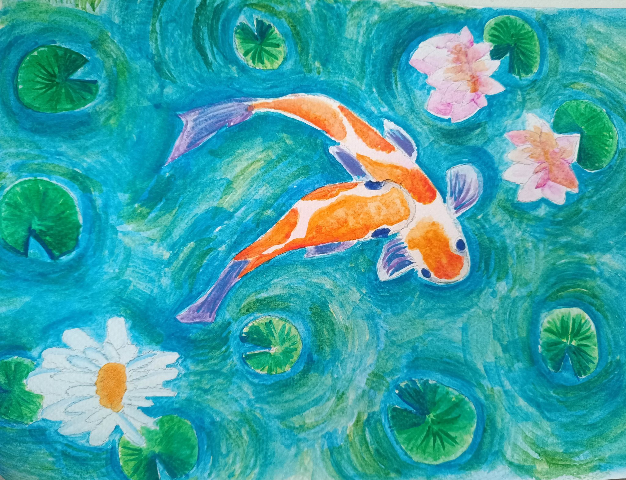 Koi Fish in Pond painting